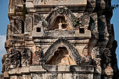 Thailand - Old Sukhothai - Wat Si Sawai. Details of stuccoed carvings of the Khmer style corncob prangs. 